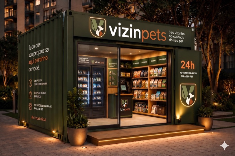 Mockup do container VizinPets instalado em um condomínio à noite, com iluminação dourada e produtos visíveis através das portas de vidro